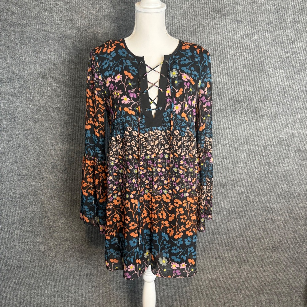 BCBG Generation Floral Lace Up Mini Dress S Bell Sleeve Boho Festival - Picture 1 of 6
